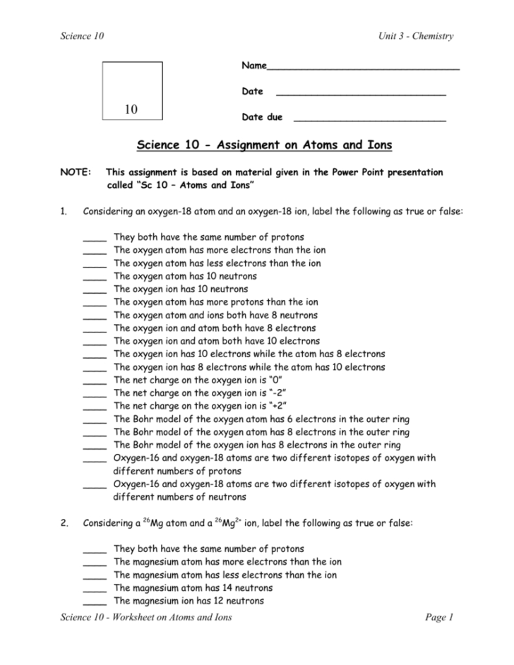 Atoms And Ions Worksheet