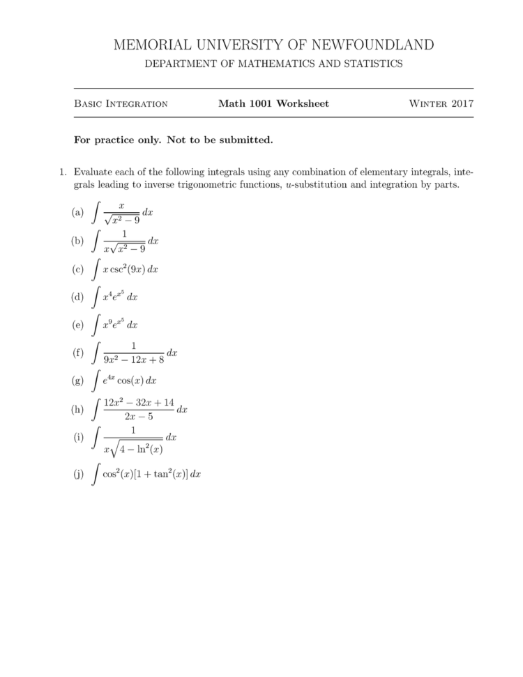 Worksheet On Basic Integration  Math 1001 Calculus Ii