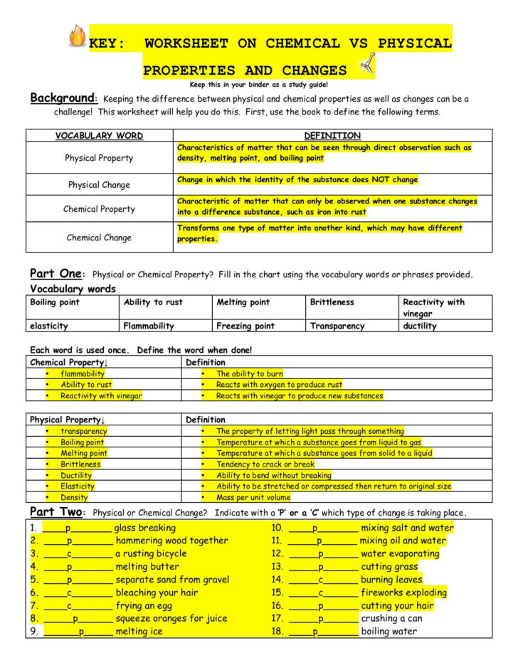 Physical And Chemical Changes And Properties Of Matter Worksheet