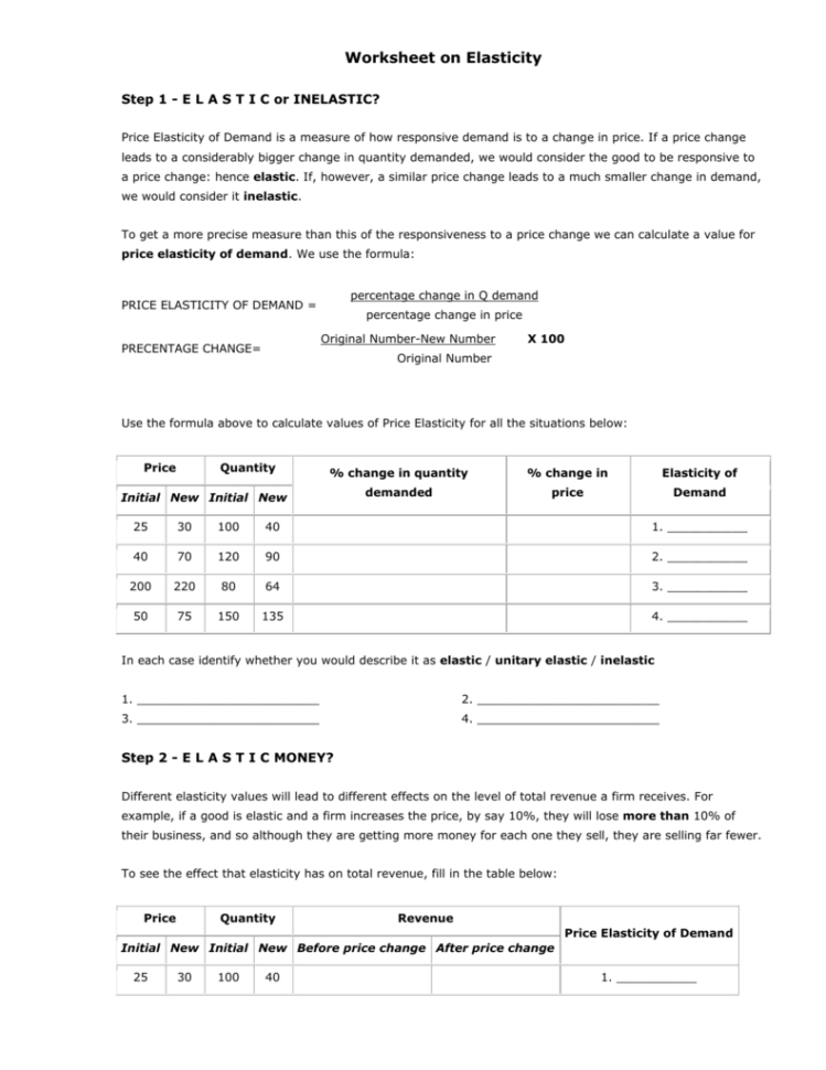 Elasticity Of Demand Worksheet Answers Db excel