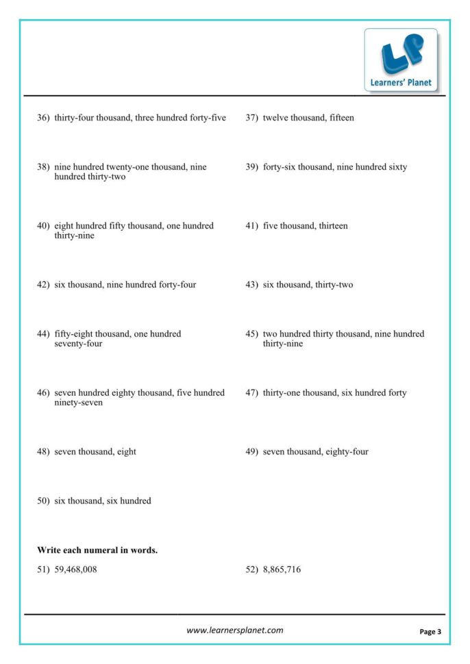 Worksheet On International Numbering System 5Th Class