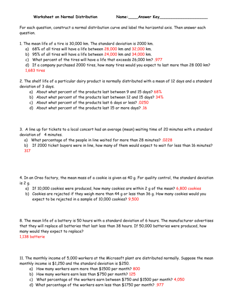 Worksheet On Normal Distribution Nameanswer Key