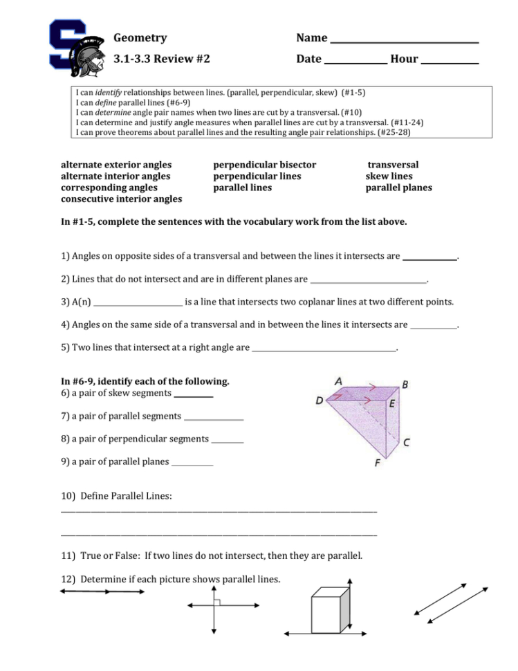 Worksheet On Parallel Lines And Transversals