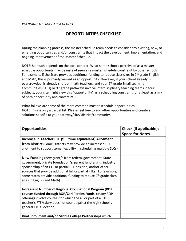 Worksheet Opportunities Checklist