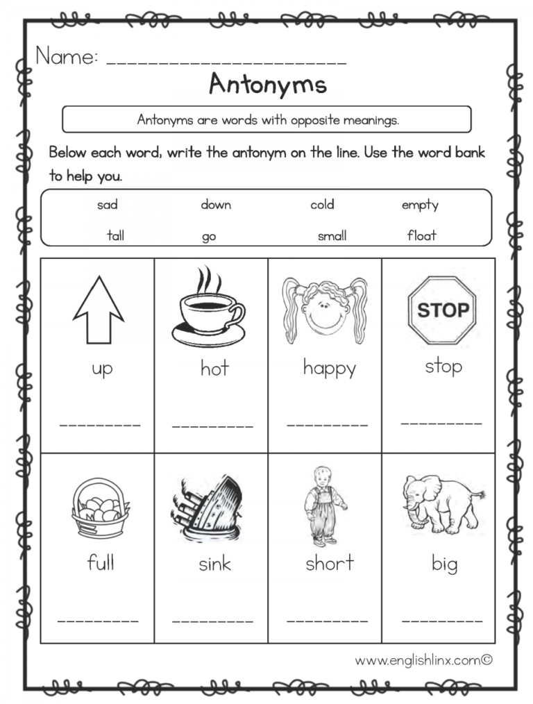 Opposites Worksheet For Grade 2