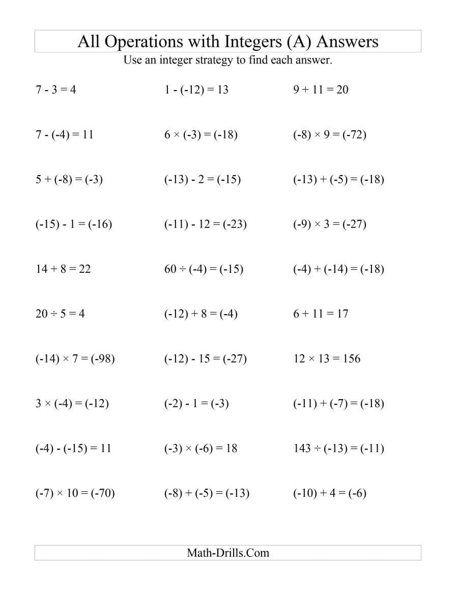 Integer Operations Worksheets