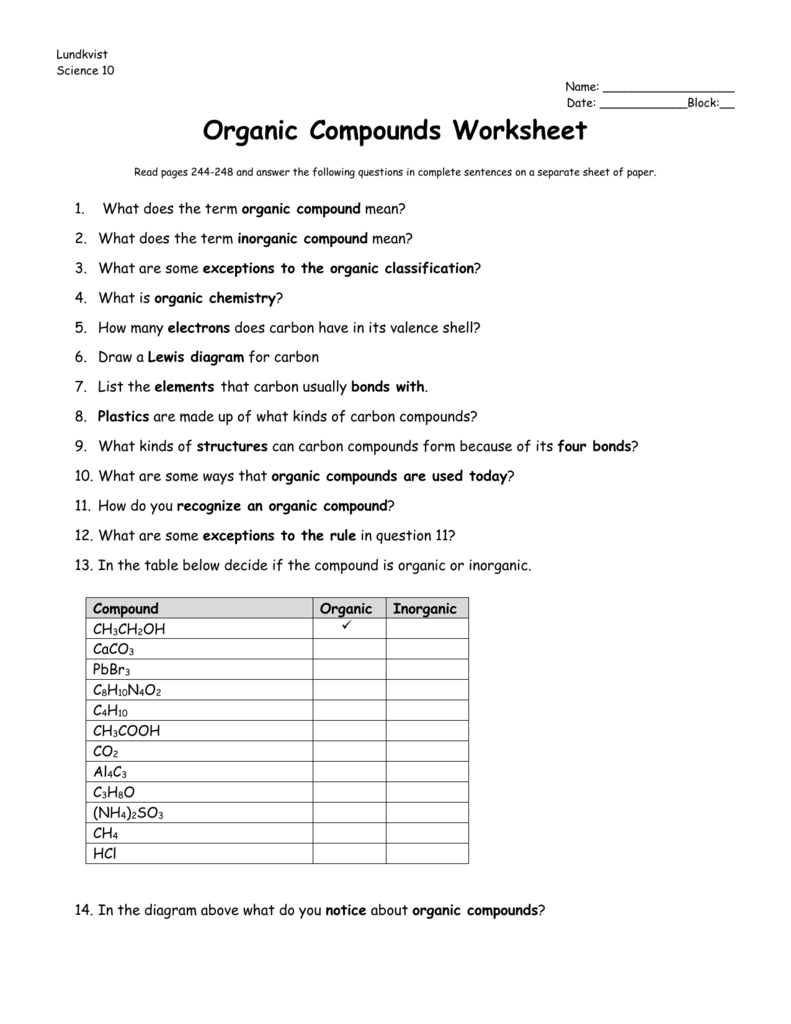 Worksheet Organic Compounds