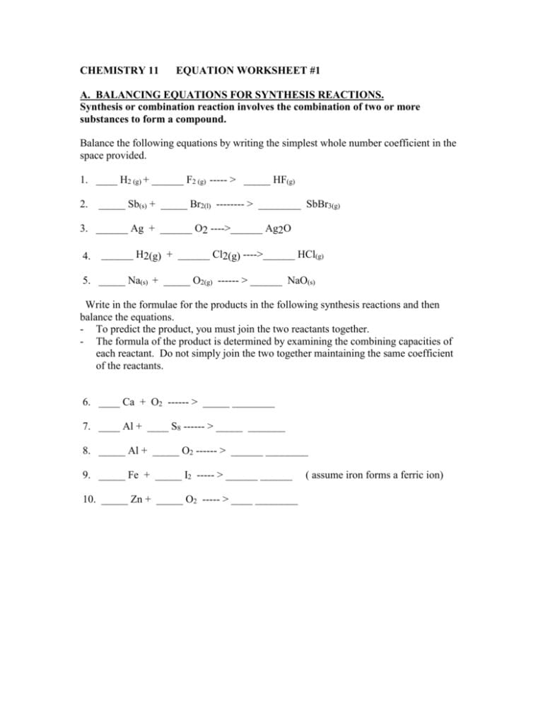 Synthesis Reaction Worksheet — Db-excel.com