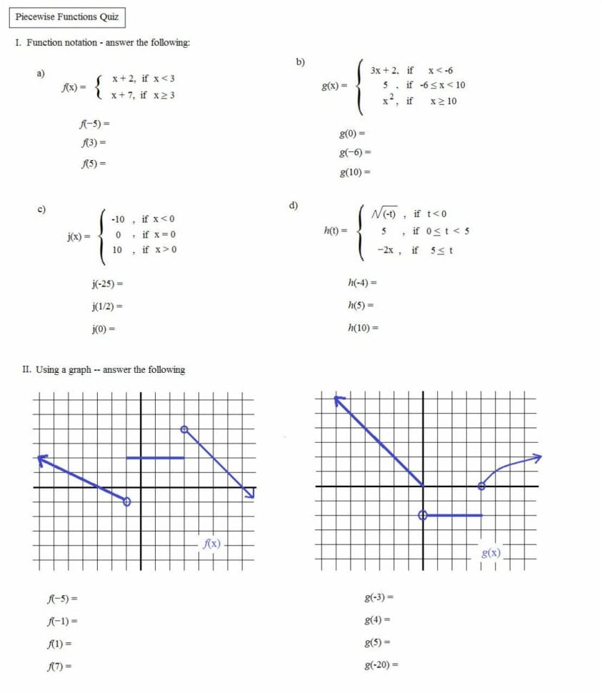 Worksheet Piecewise Functions Algebra 2 Answers