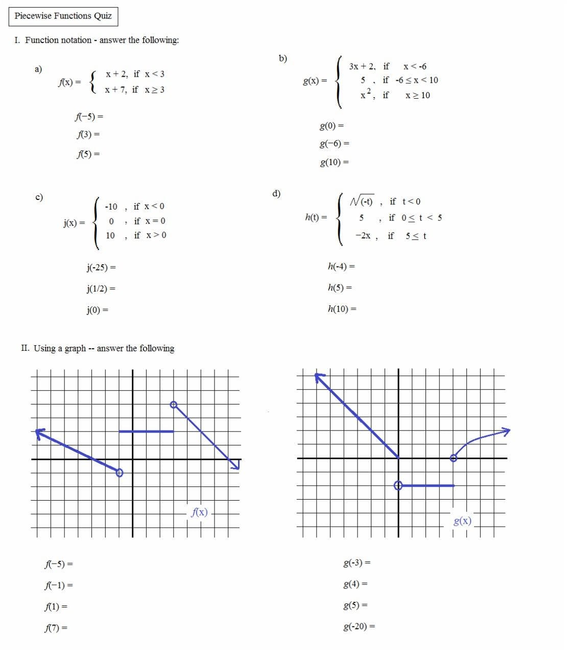 Piecewise Functions Worksheet With Answers