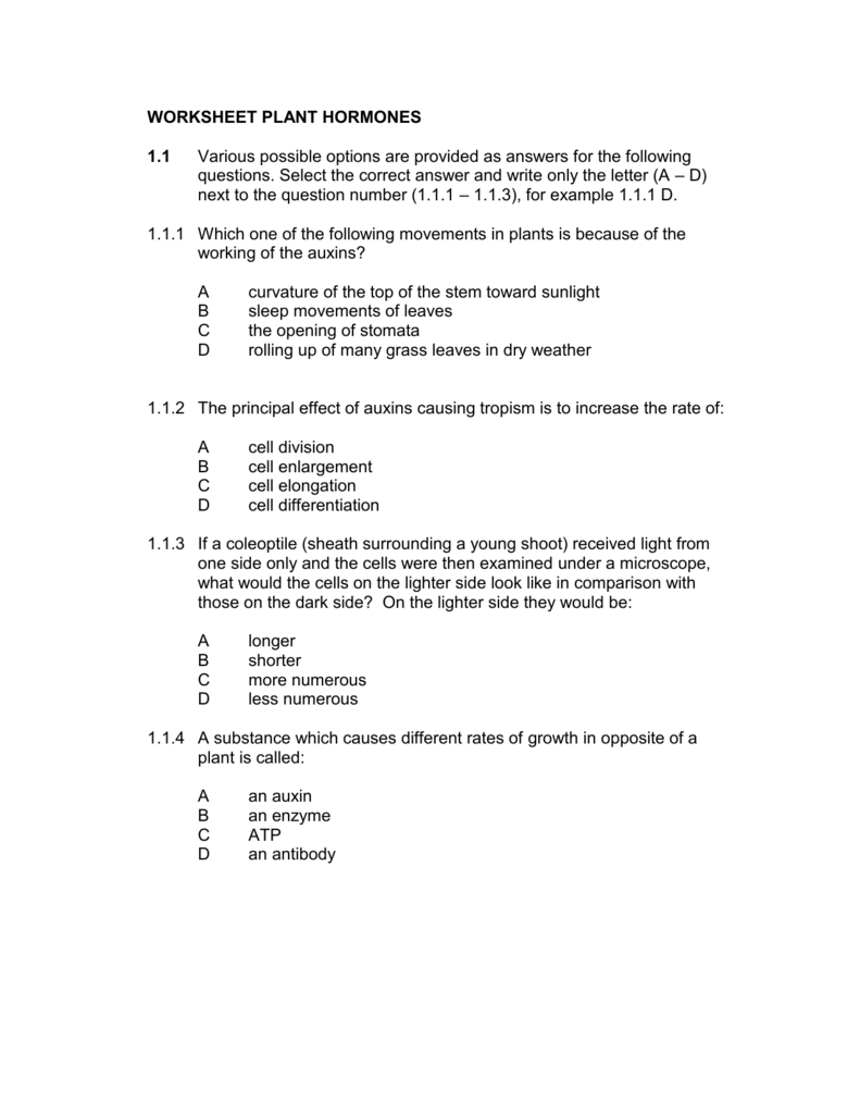 Worksheet Plant Hormones 11 Various Possible Options Are
