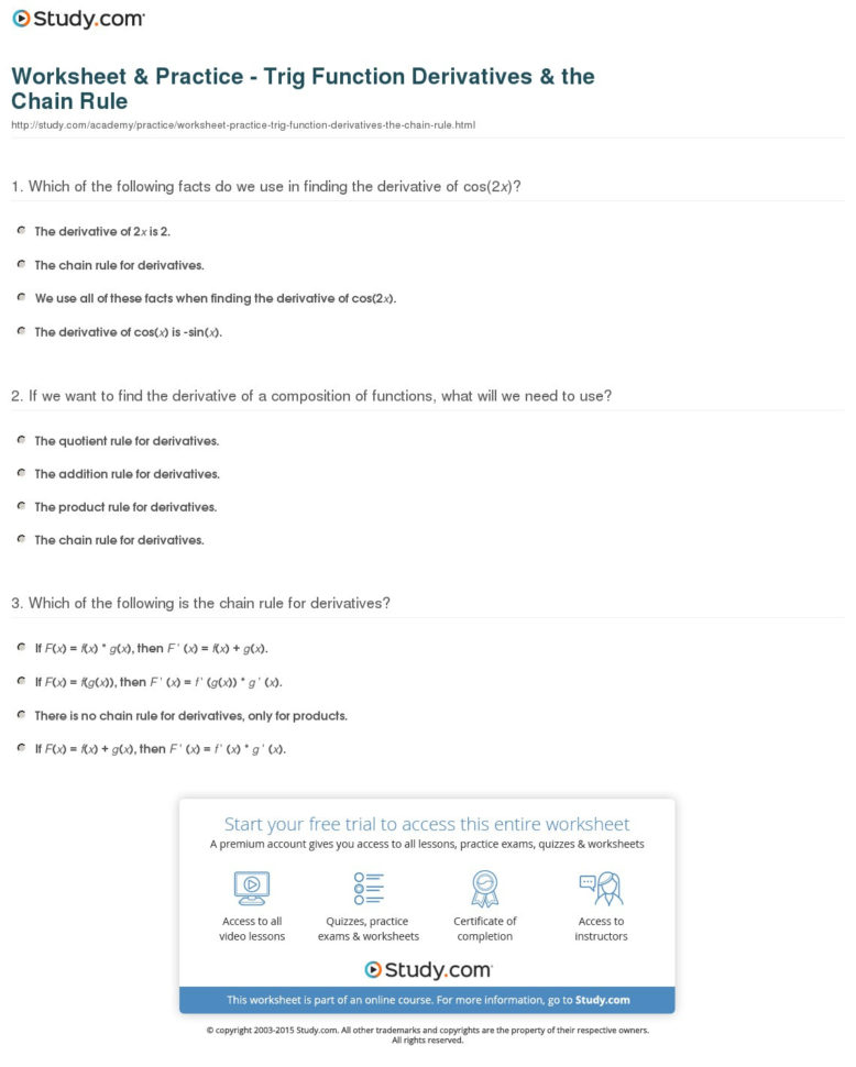Worksheet  Practice  Trig Function Derivatives  The Chain