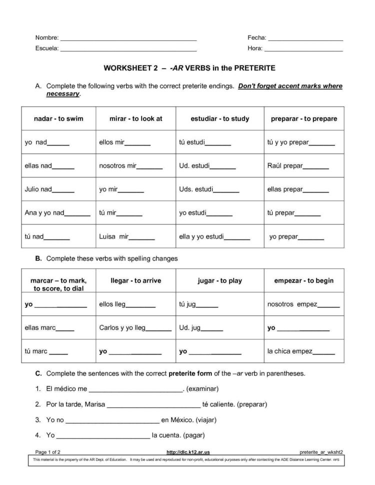 Worksheet Preterite Tense Answers