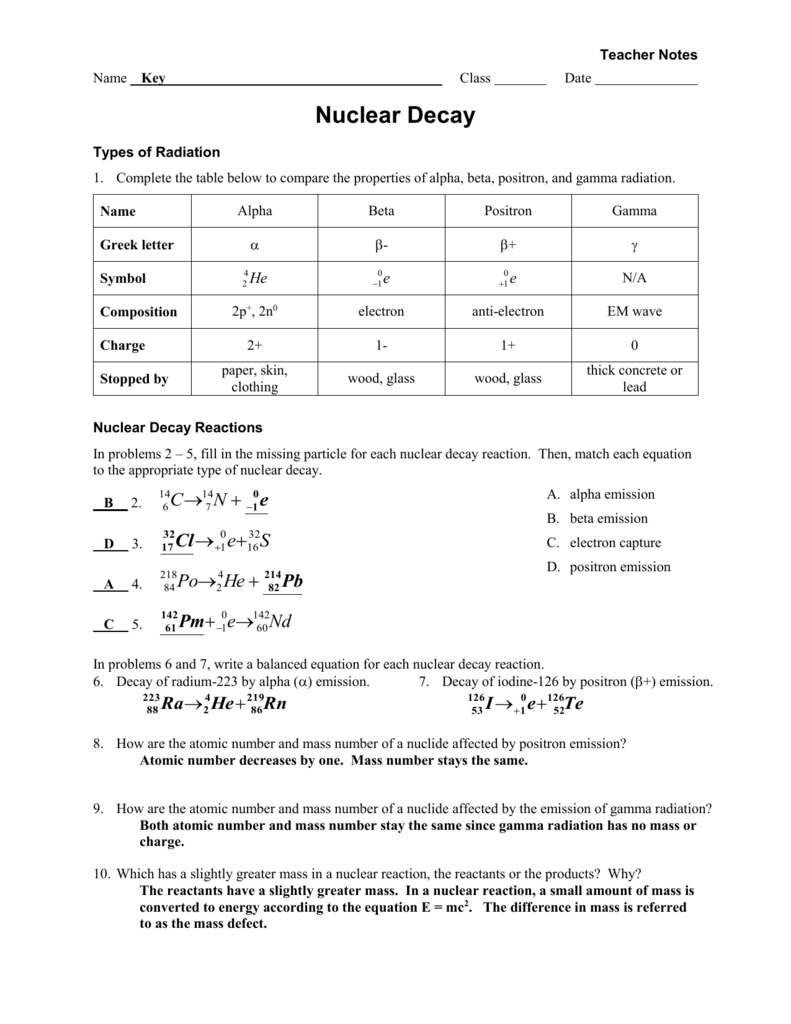 Worksheet  Radioactive Decay  Fissionfusion Key