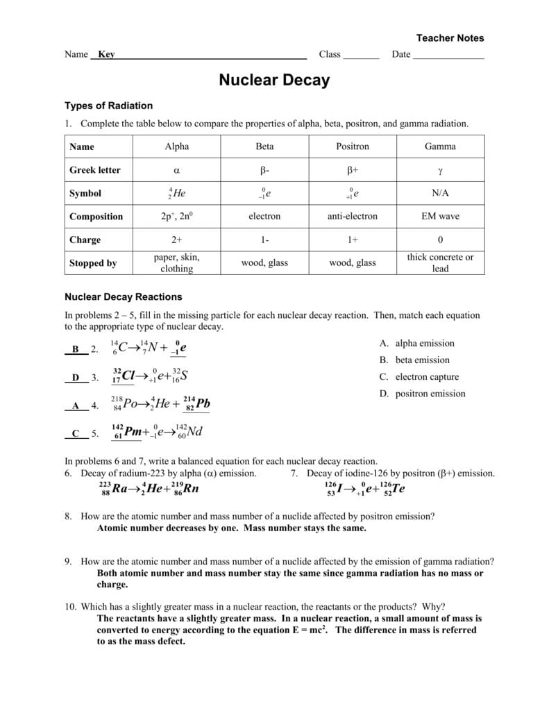 Worksheet  Radioactive Decay  Fissionfusion Key