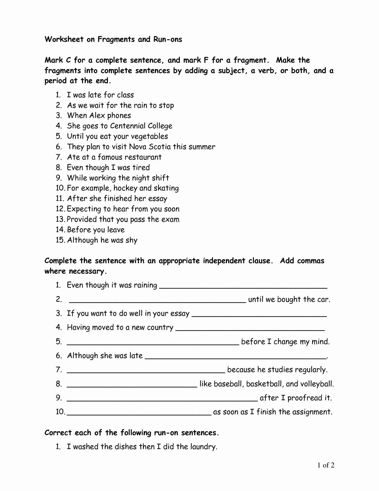 Worksheet Sentence Fragments Worksheets Correcting