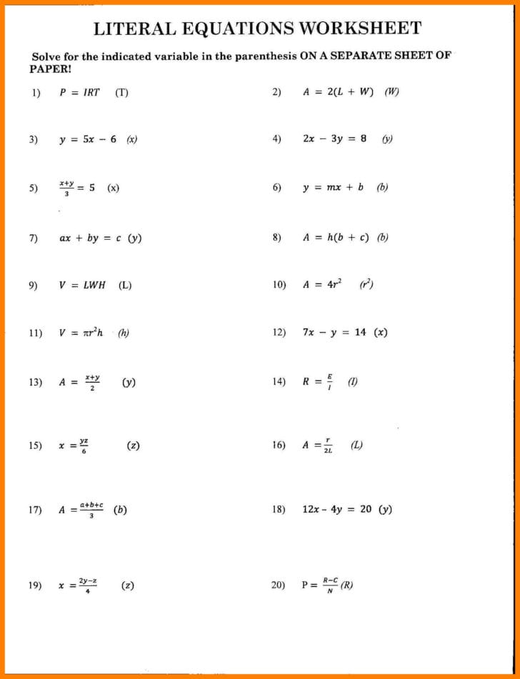 Literal Equations Worksheet 1 Answer Key Db excel