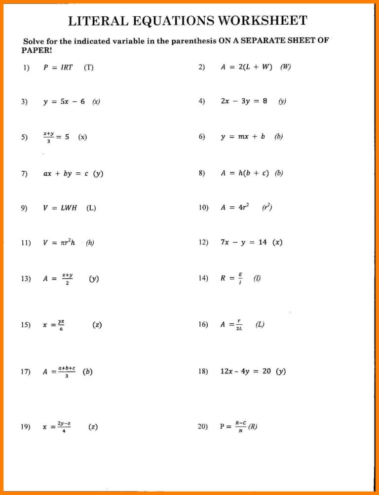 Literal Equations Worksheet Answers