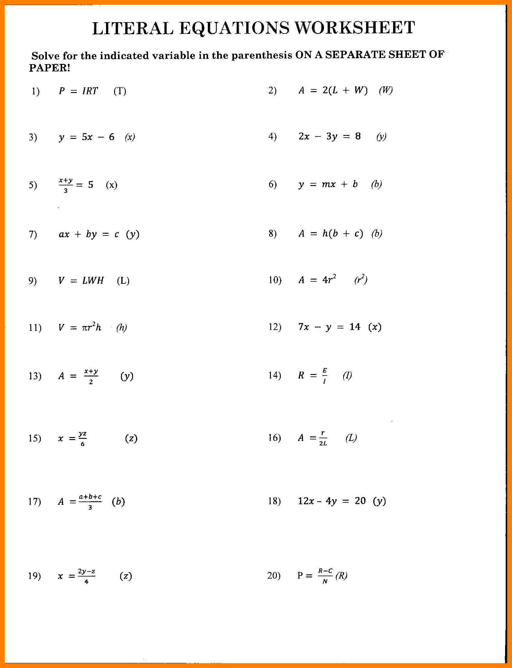 Basic Equation Worksheets For Literal Equations Worksheet Answers