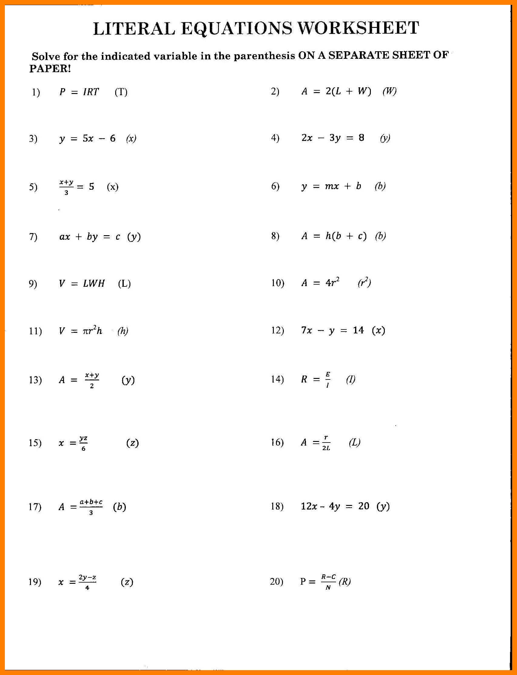 Worksheet Solving Literal Equations Worksheet Literal Db excel