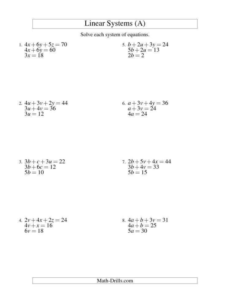 Worksheet Solving Systems Of Equationselimination