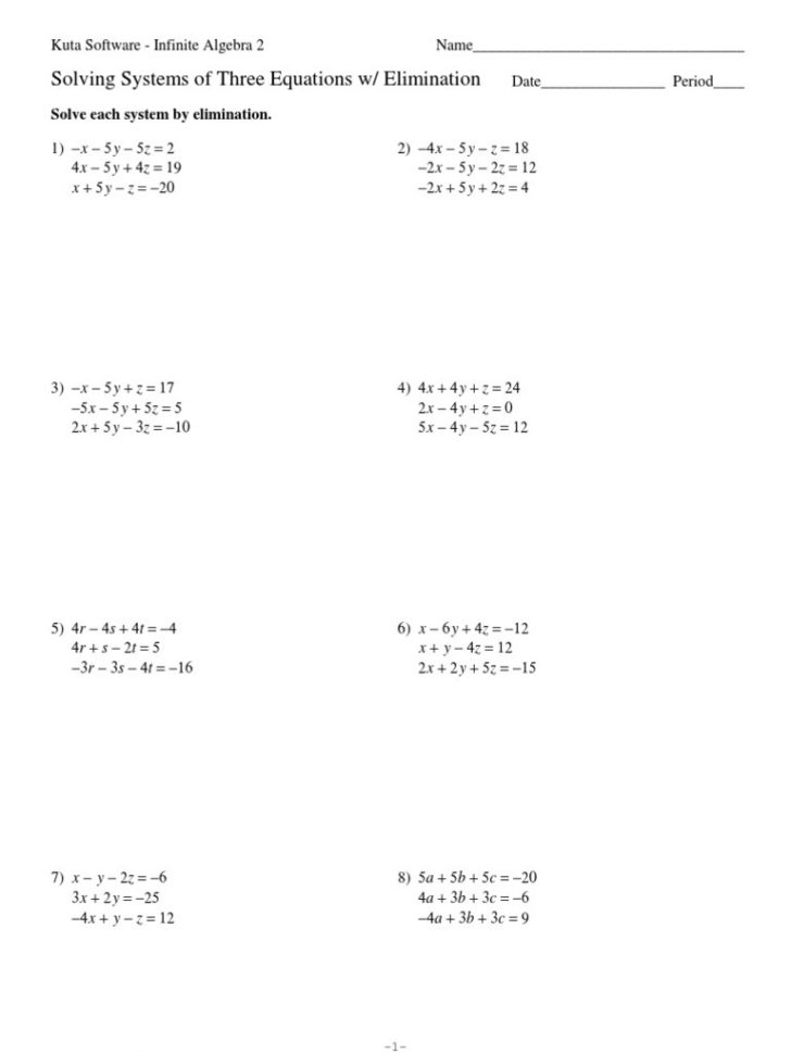 Worksheet Solving Systems Of Equationselimination