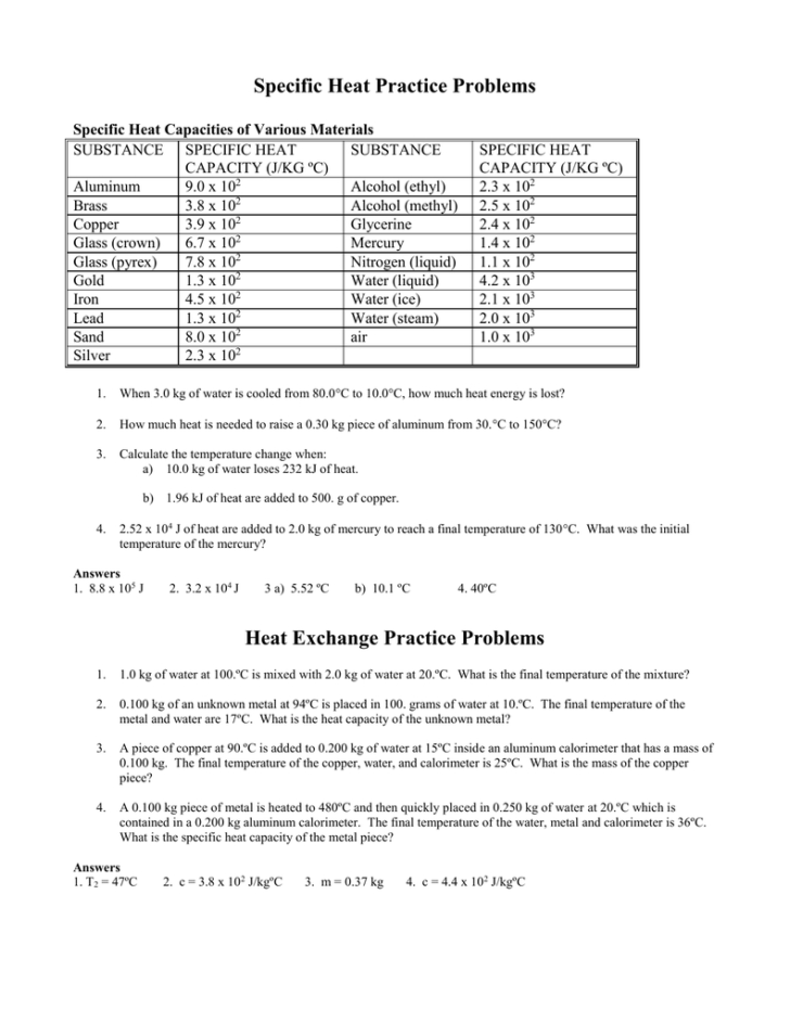 Heat Transfer Specific Heat Problems Worksheet db excel com