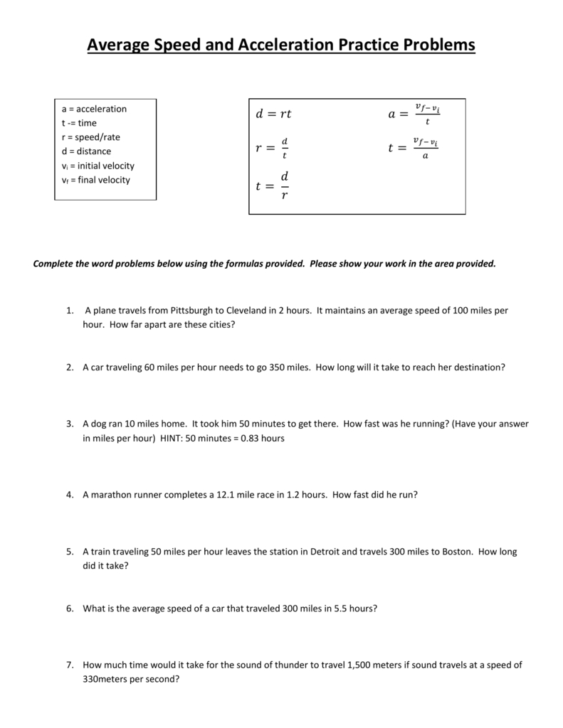 Speed Problem Worksheet Answers