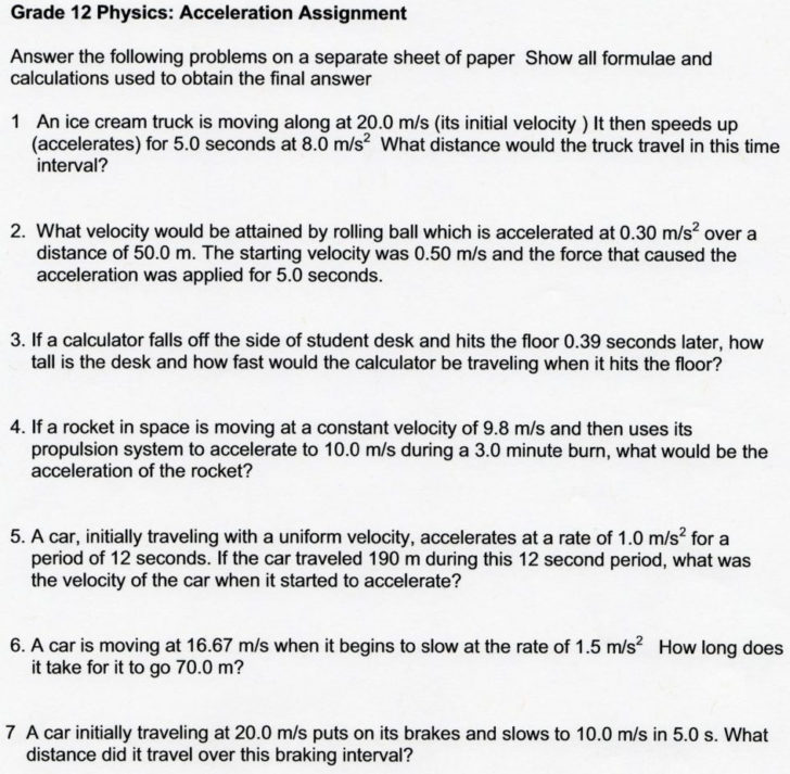 Velocity And Acceleration Calculation Worksheet Answer Key