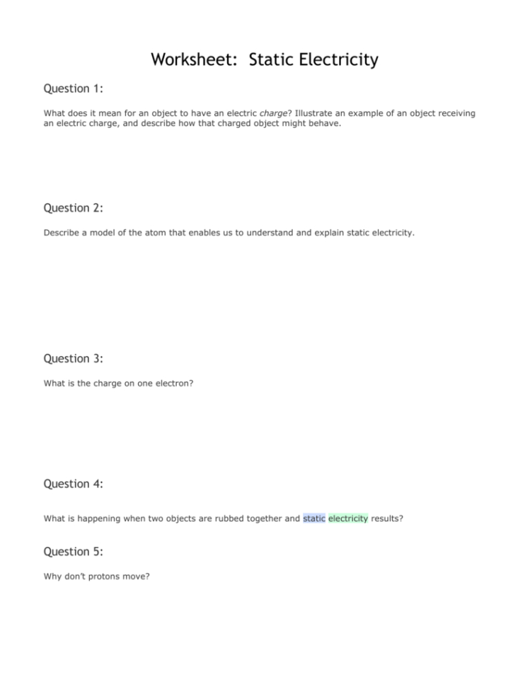 Worksheet Static Electricity
