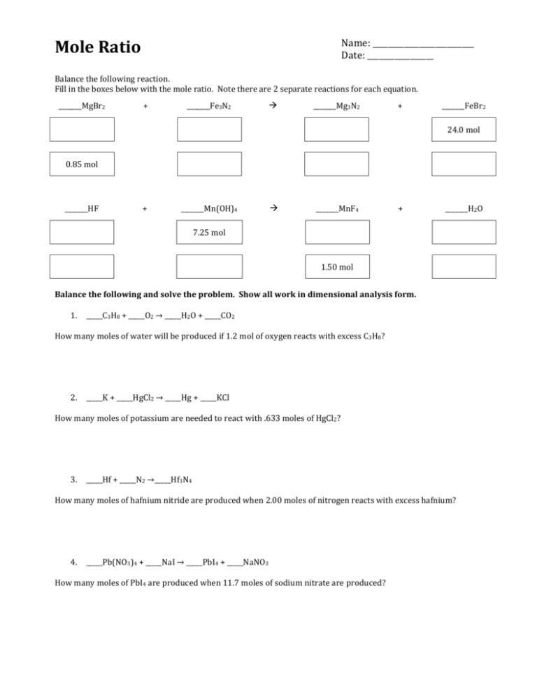 Mole Ratios Worksheets