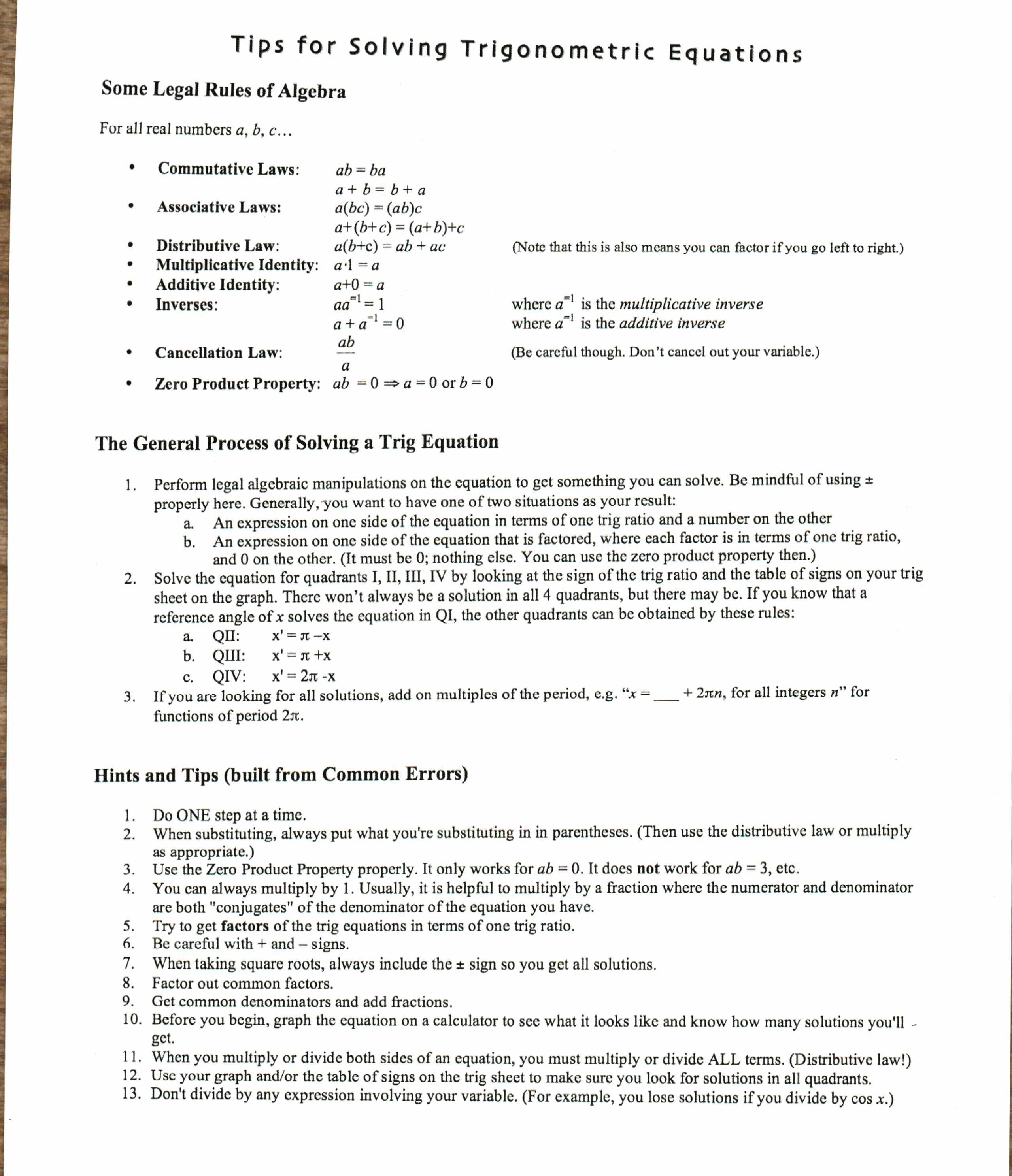 Worksheet Trig Equations Worksheet Quiz Worksheet Solving