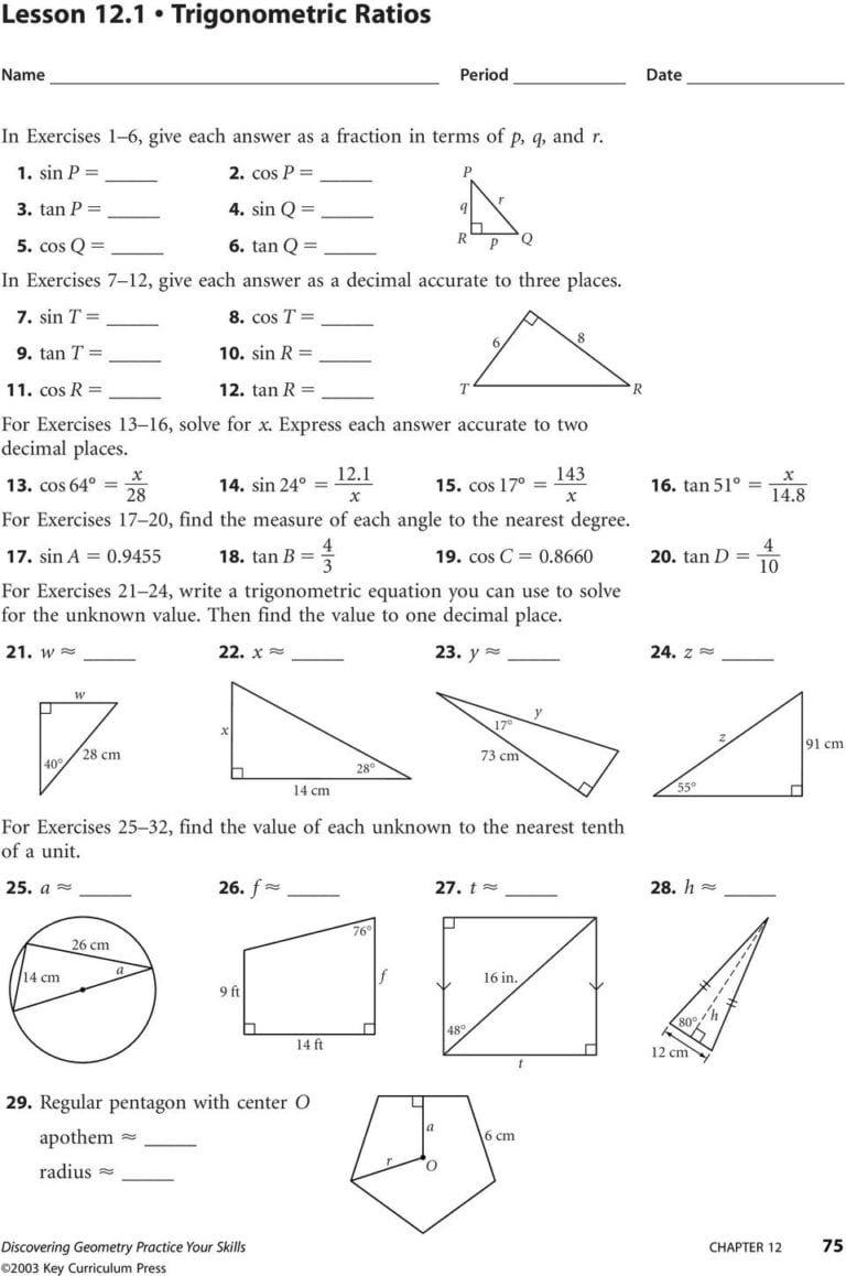 trig worksheet with answers