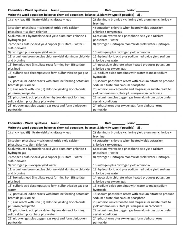Worksheet Writing Chemical Equations Worksheet Quiz Worksheet