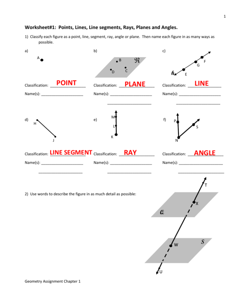 Worksheet1 Points Lines Line Segments Rays Planes And