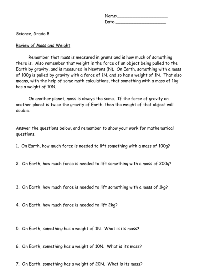 Worksheetmass And Weight On Earth And Other Planets