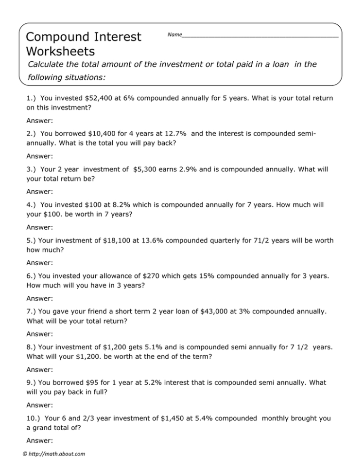Worksheets Calculating Compound Interest Worksheet