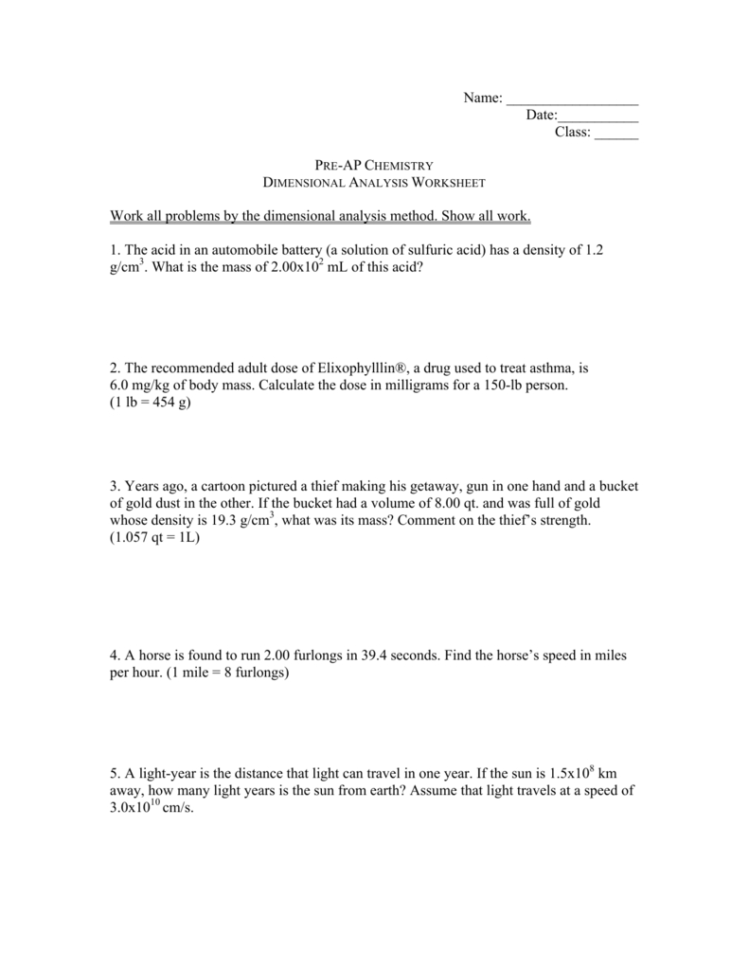 Worksheets Dimensional Analysis Worksheet Babyhunters Free