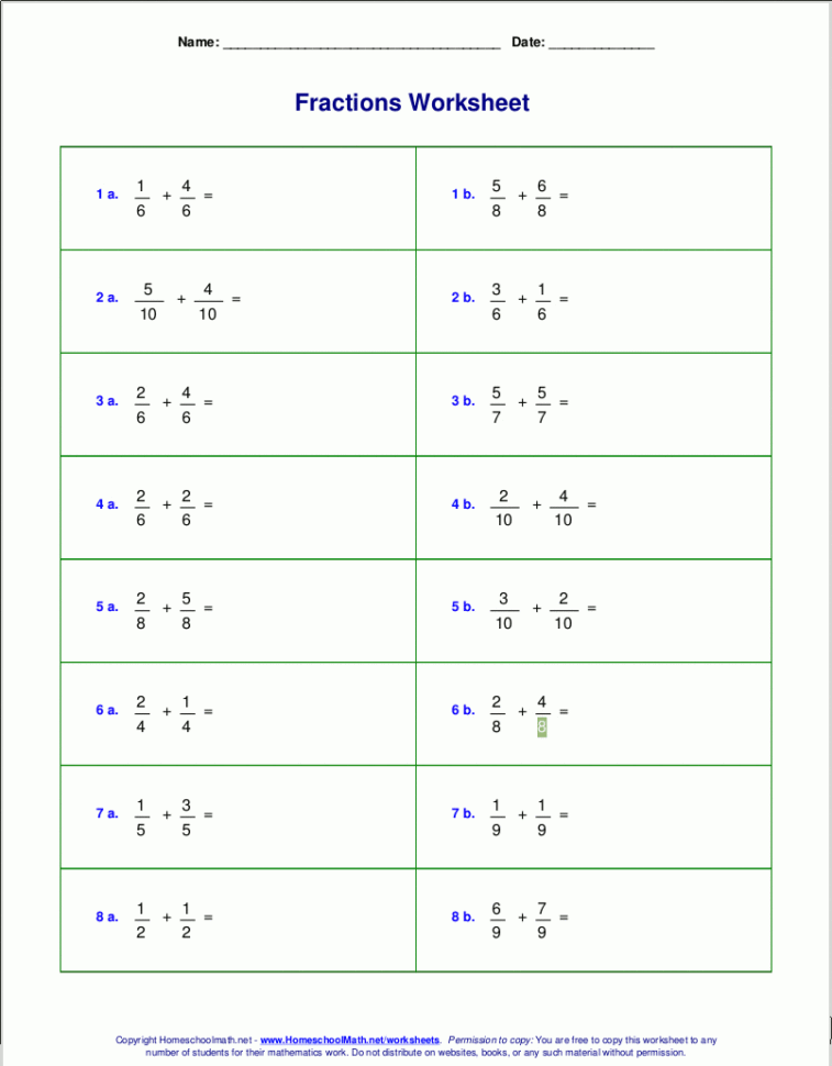 Worksheets For Fraction Addition