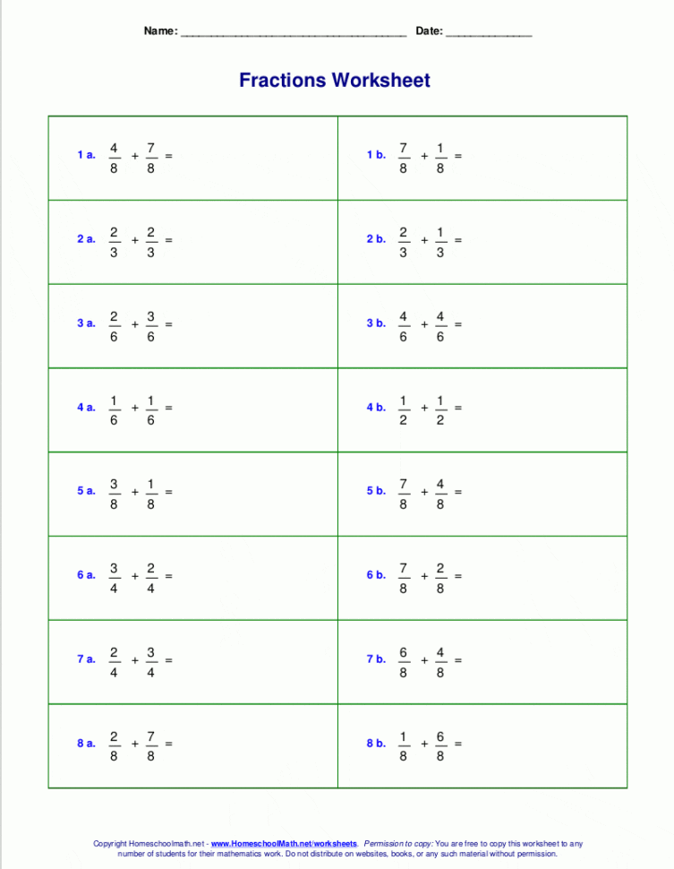 Worksheets For Fraction Addition