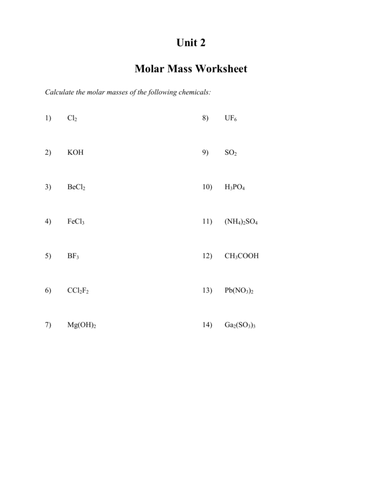 Worksheets For Unit 2 Molar Mass To Stoichiometry