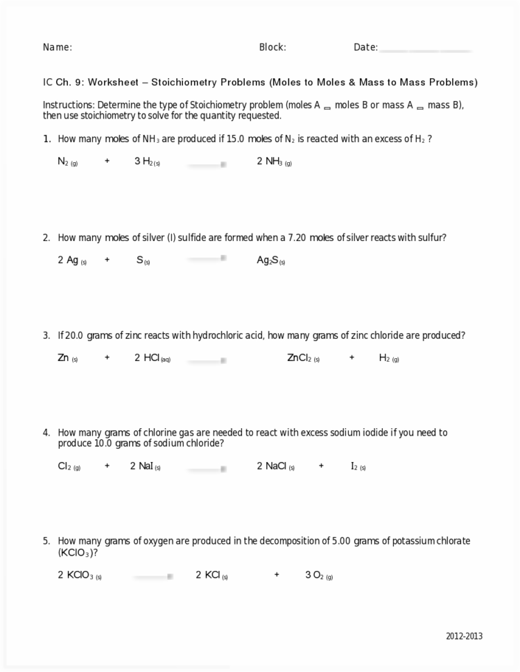 Worksheets Mole To Mole Stoichiometry Worksheet Answers