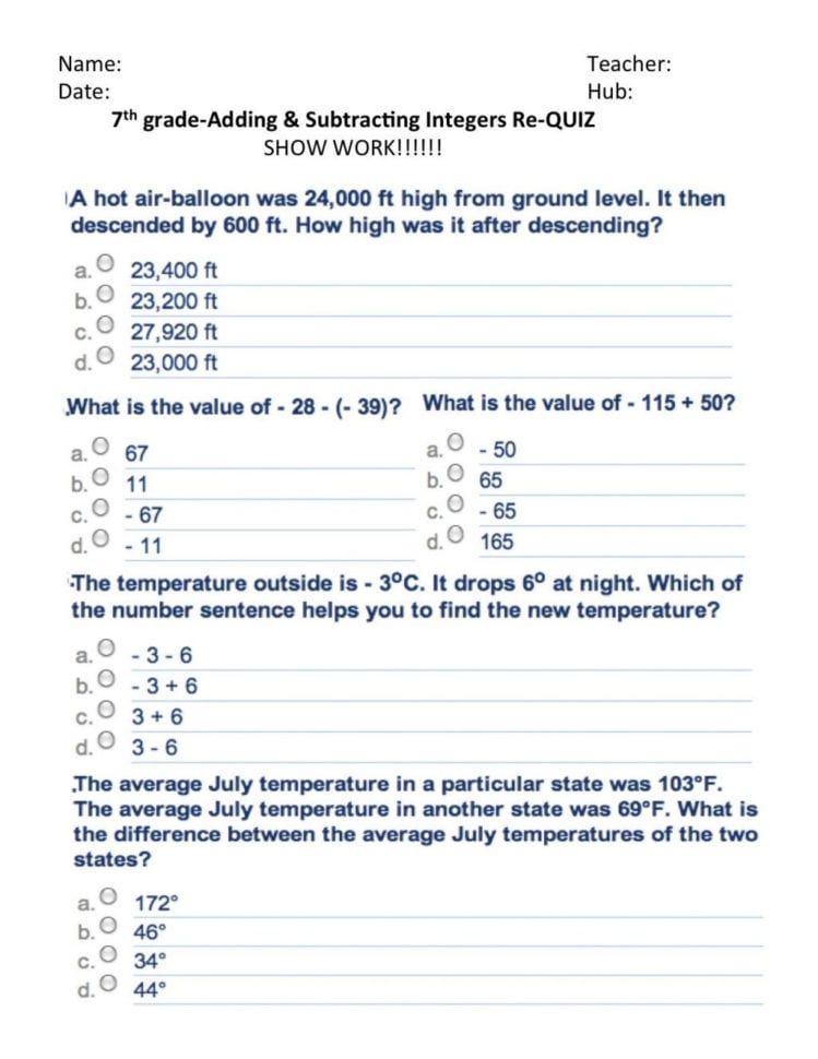 Worksheets On Adding And Subtracting Integers
