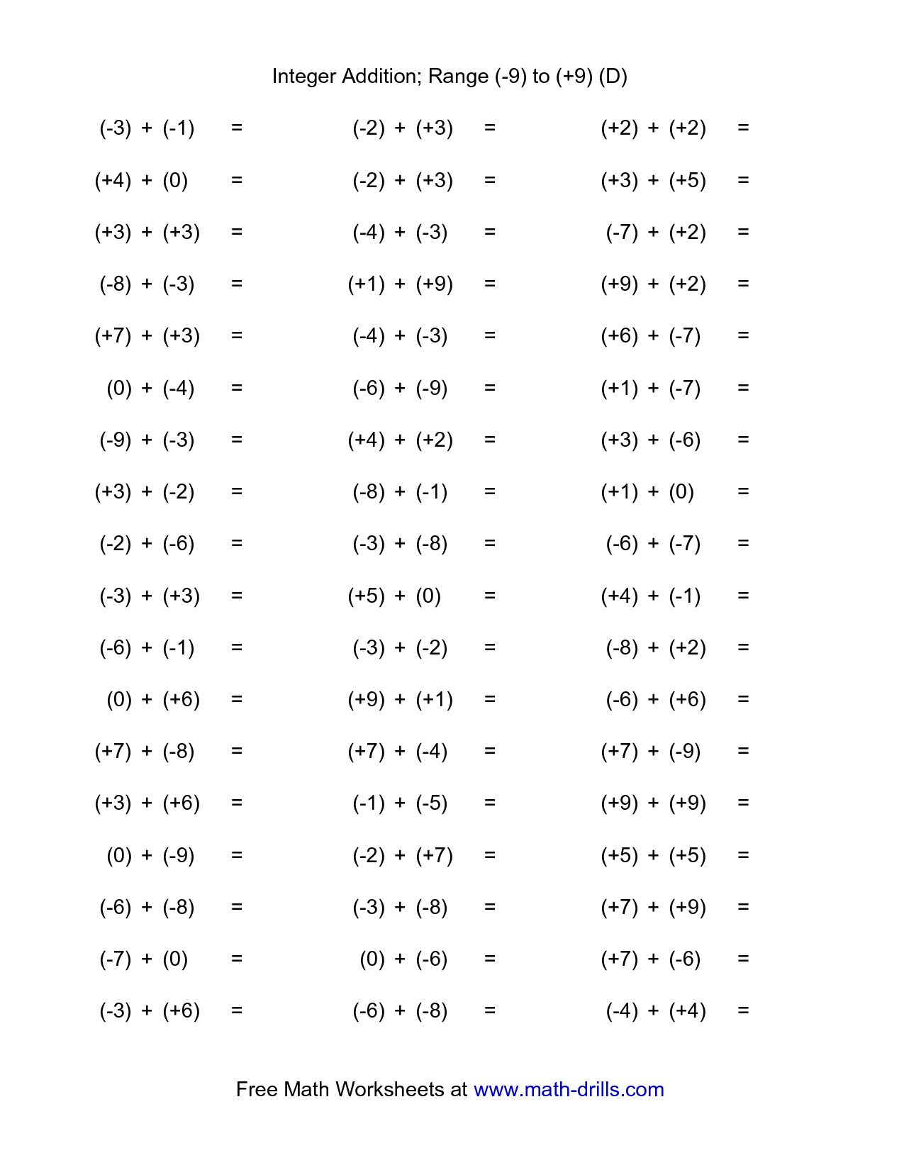 Free Printable Worksheets On Integers For Grade 6