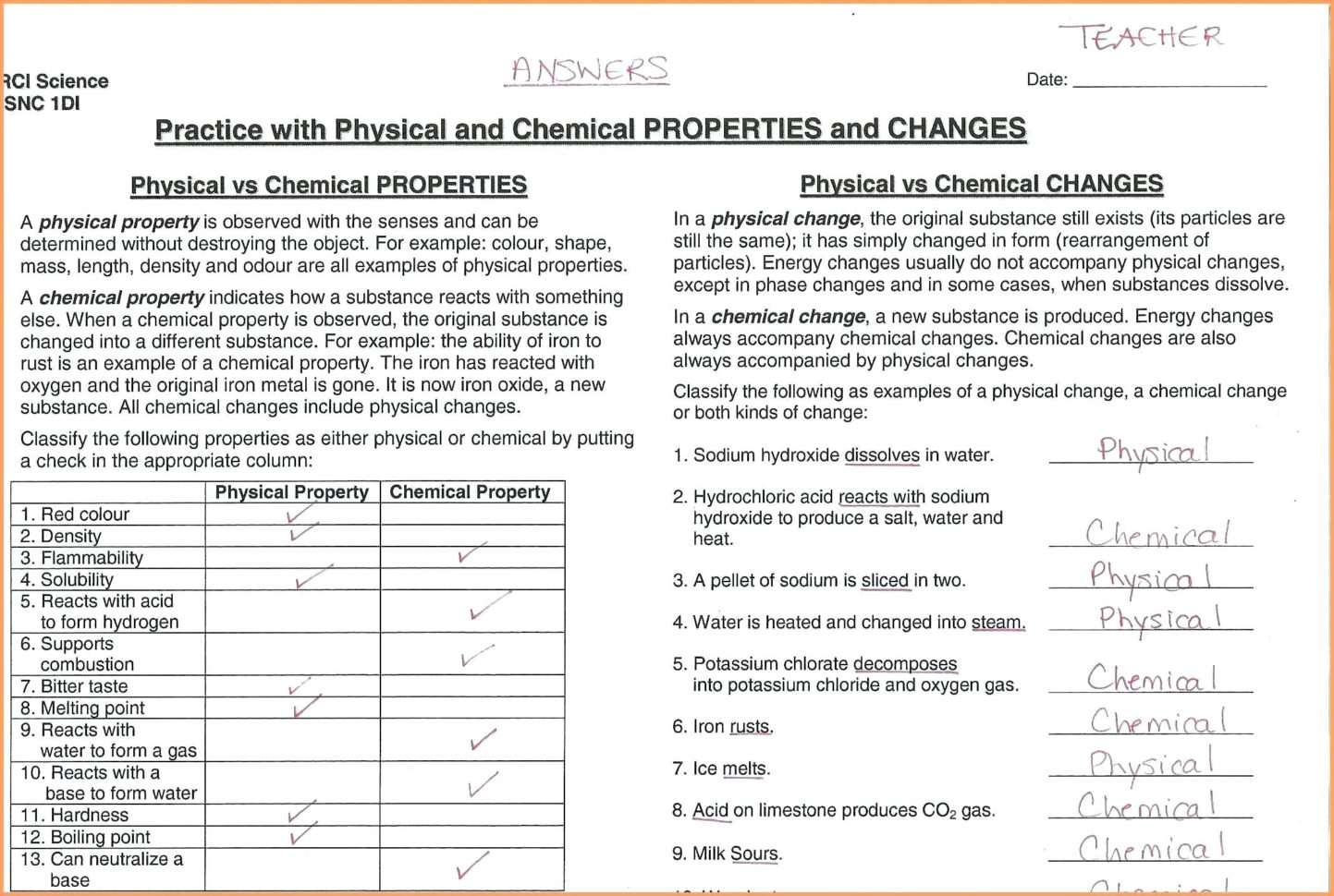 Worksheets Physical And Chemical Properties Changes Vs