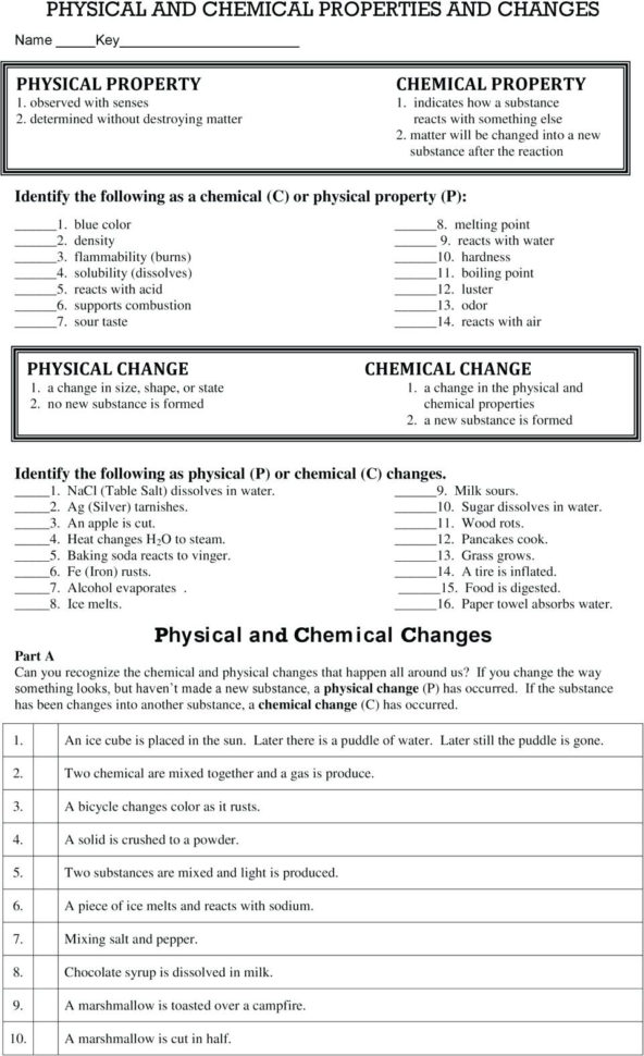 Worksheets Physical And Chemical Properties Changes Vs
