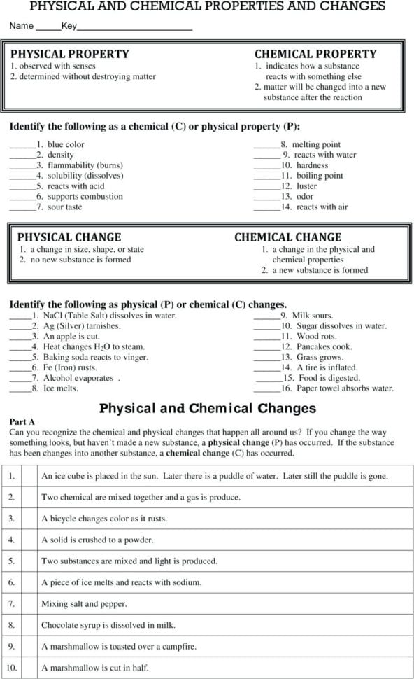 Worksheets Physical And Chemical Properties Changes Vs