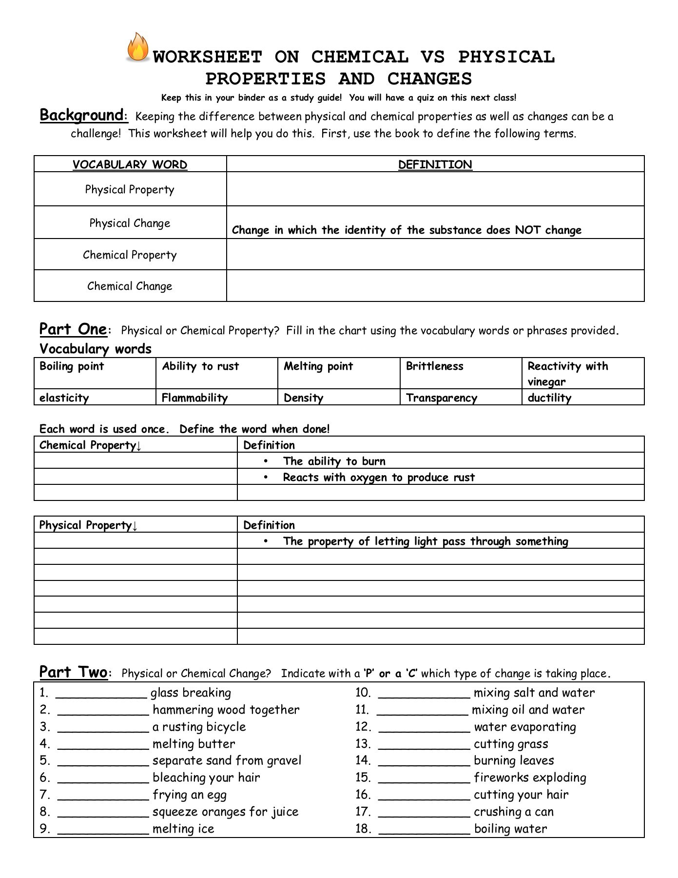 Worksheets Worksheet On Chemical Vs Physical Properties And Changes