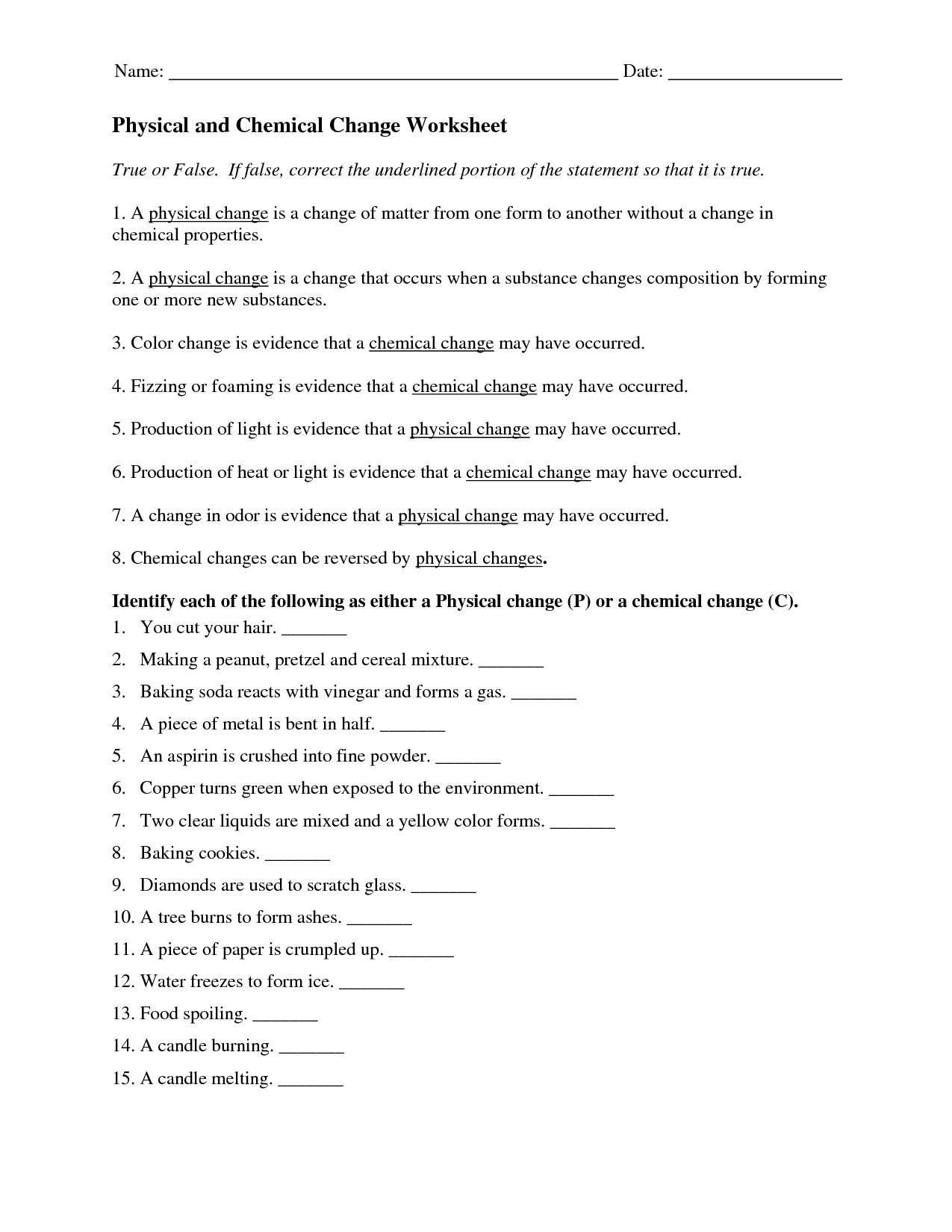 Physical And Chemical Properties And Changes Worksheet Answer Key — db ...