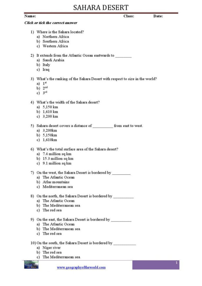 World Deserts Printable Worksheets For Students Pdf Files